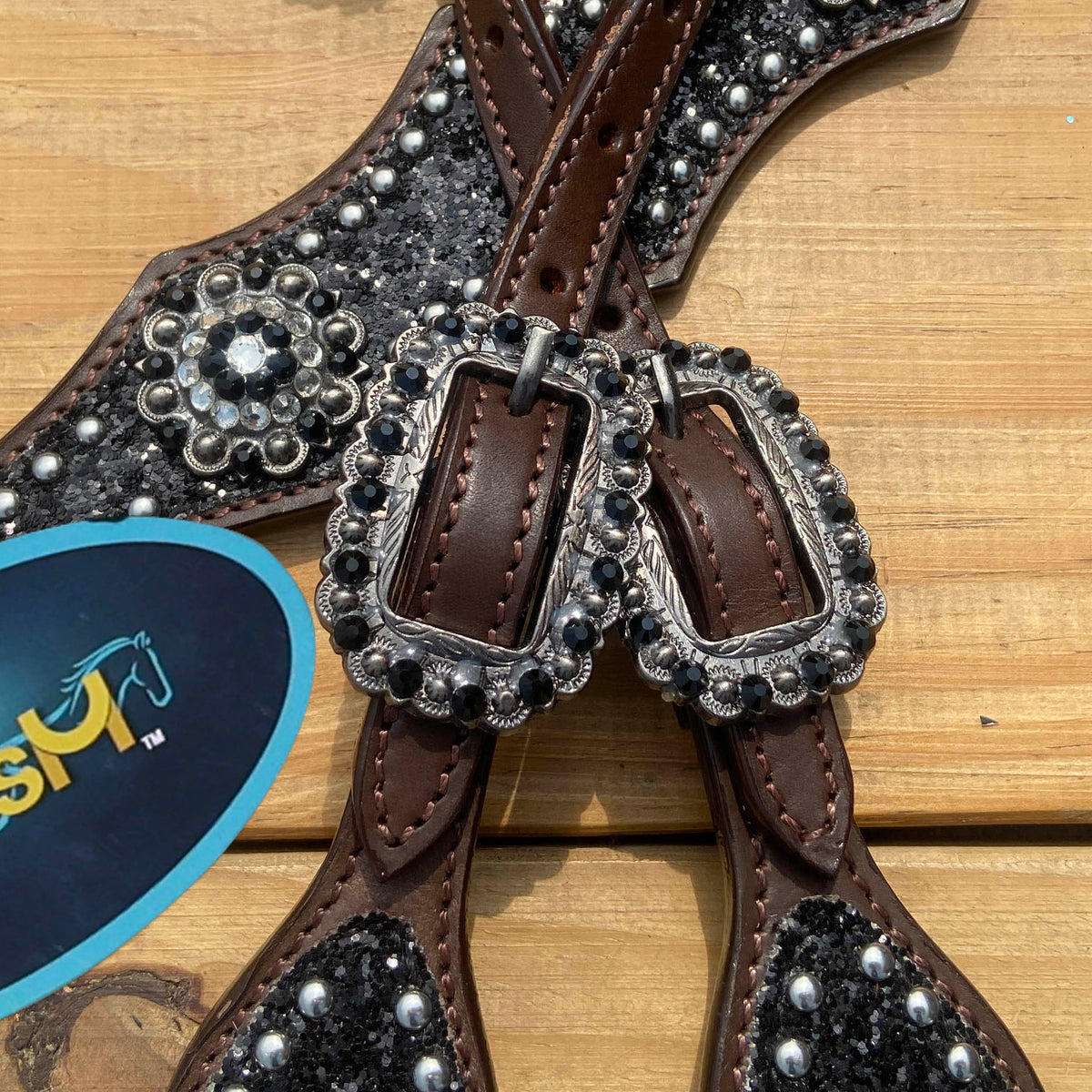Black Glitter Horse Tack Set with Bling Rhinestone Conchos, Silver Studs