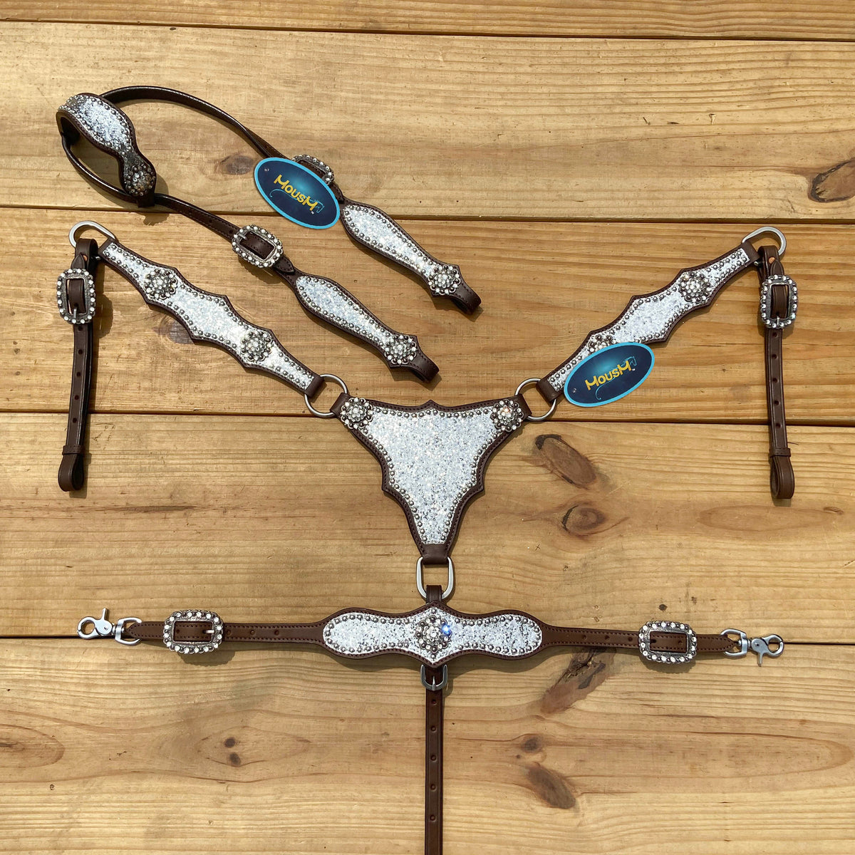 Silver Glitter Headstall Set with Rhinestone Conchos, Silver Studs
