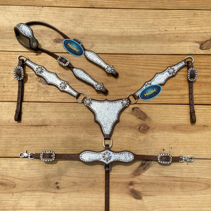 Silver Glitter Headstall Set with Rhinestone Conchos, Silver Studs