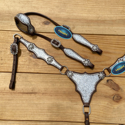 Silver Glitter Headstall Set with Rhinestone Conchos, Silver Studs