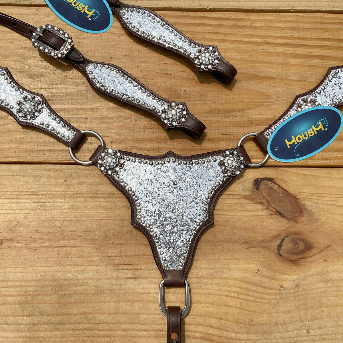 Silver Glitter Headstall Set with Rhinestone Conchos, Silver Studs