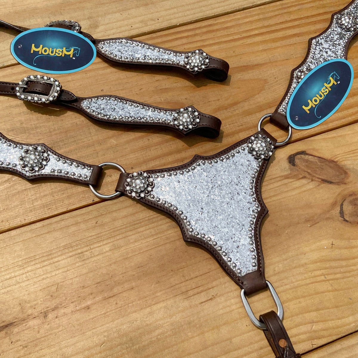 Silver Glitter Headstall Set with Rhinestone Conchos, Silver Studs