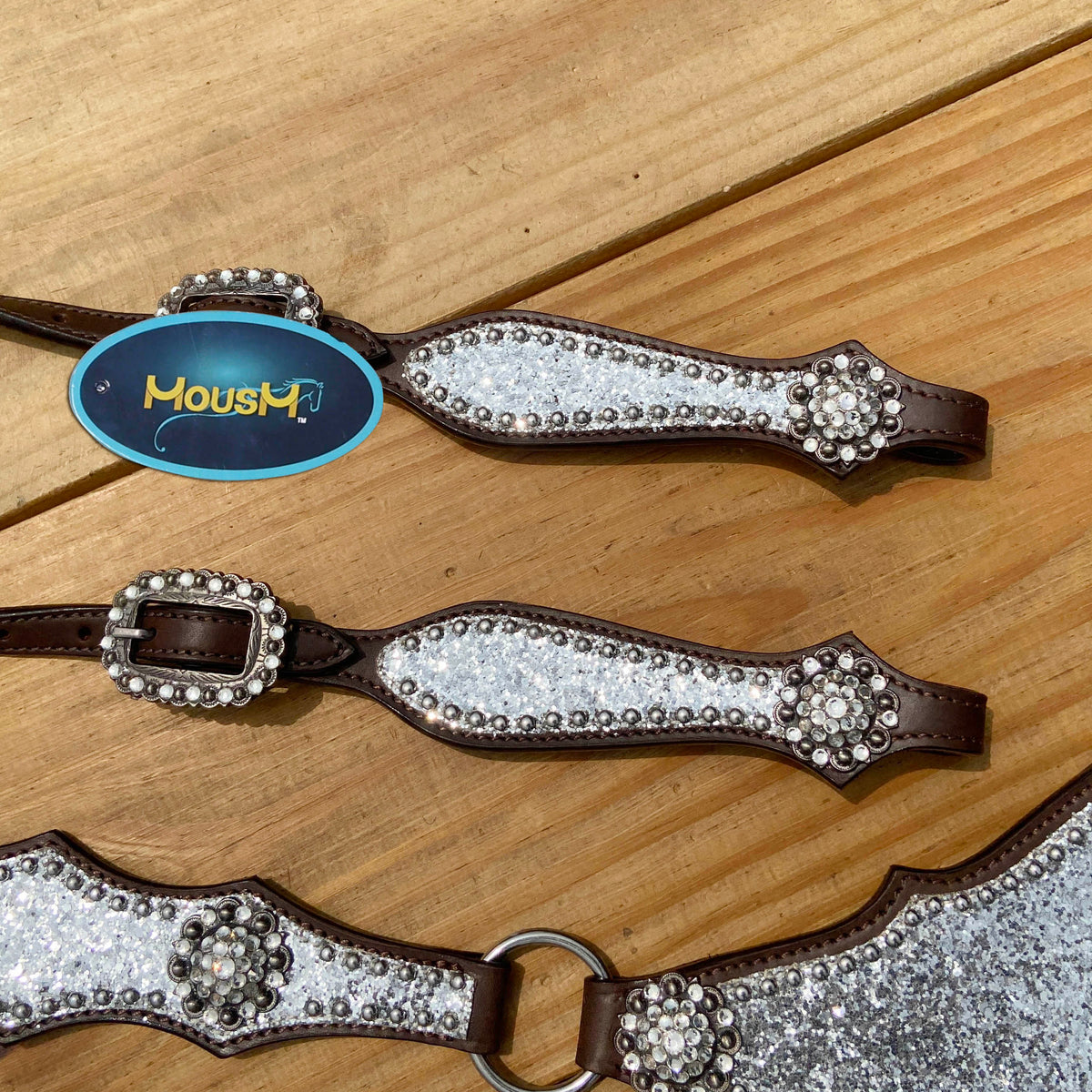 Silver Glitter Headstall Set with Rhinestone Conchos, Silver Studs