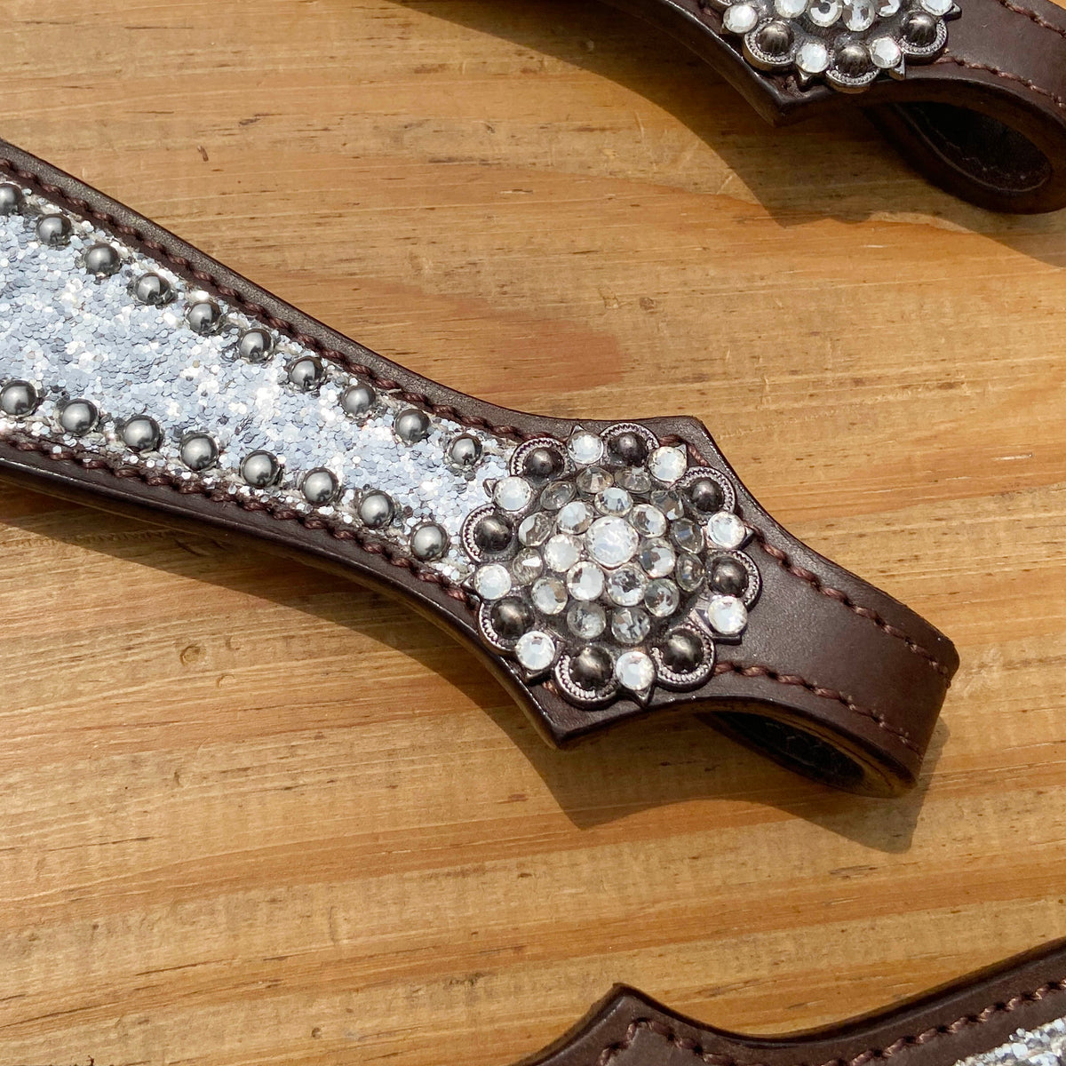 Silver Glitter Headstall Set with Rhinestone Conchos, Silver Studs