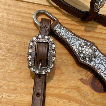 Silver Glitter Headstall Set with Rhinestone Conchos, Silver Studs