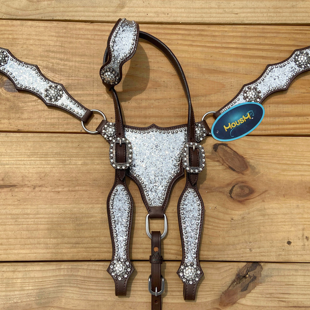 Silver Glitter Headstall Set with Rhinestone Conchos, Silver Studs