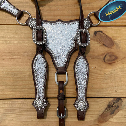 Silver Glitter Headstall Set with Rhinestone Conchos, Silver Studs