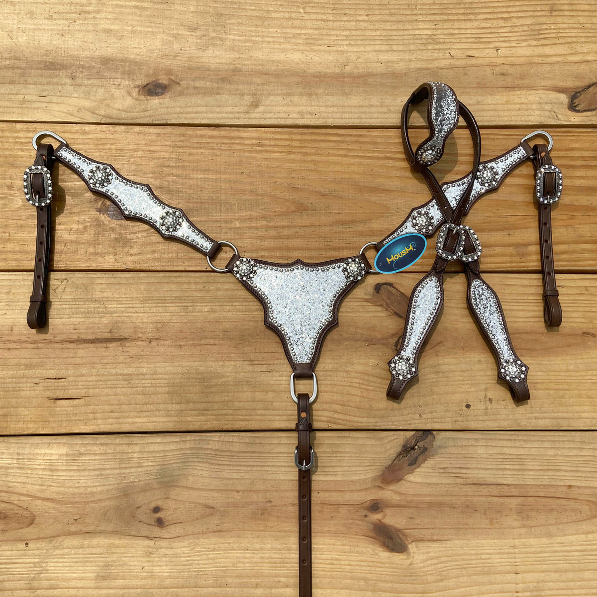 Silver Glitter Headstall Set with Rhinestone Conchos, Silver Studs