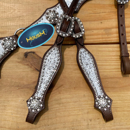 Silver Glitter Headstall Set with Rhinestone Conchos, Silver Studs