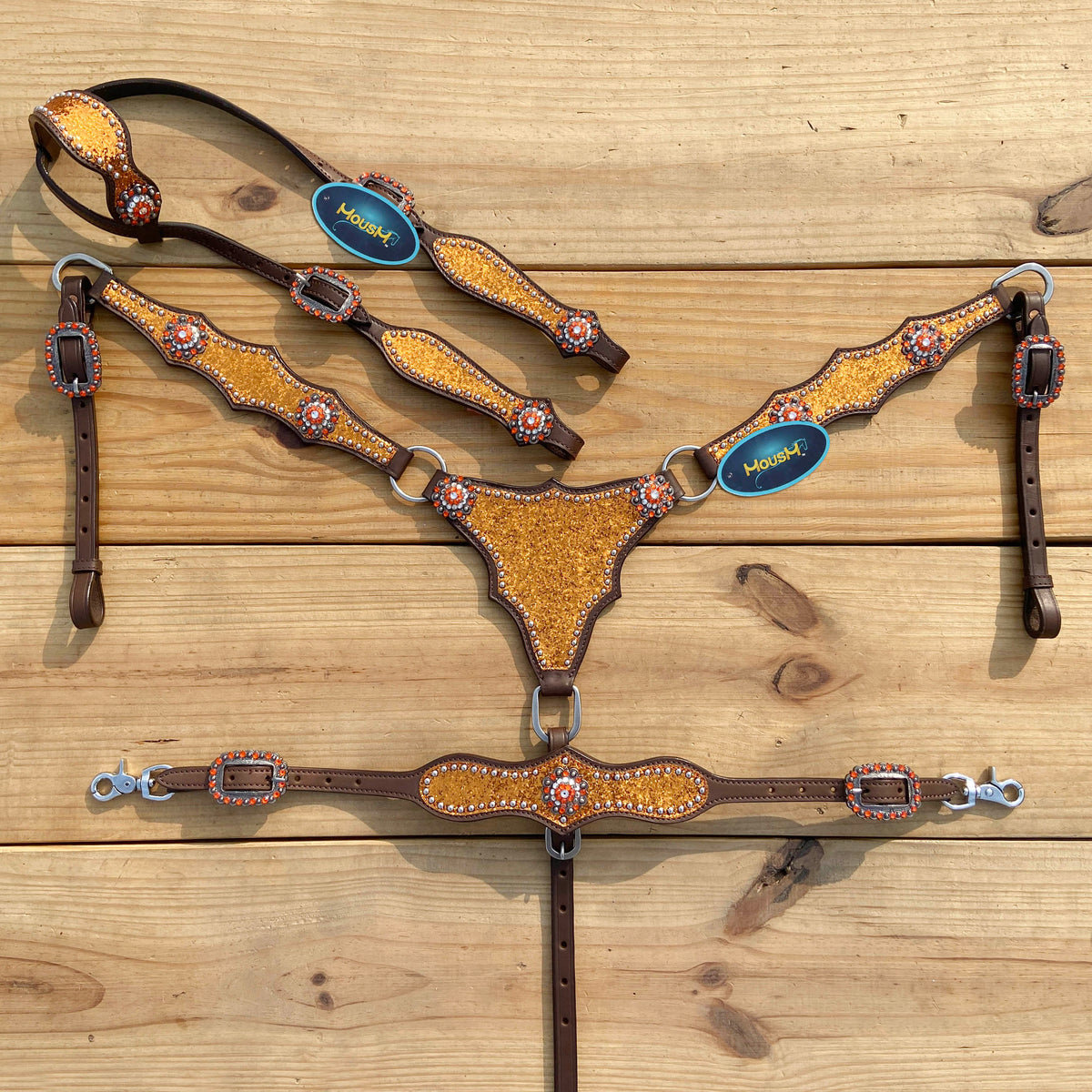 Orange Glitter Alligator Horse Tack Set with Rhinestone Conchos