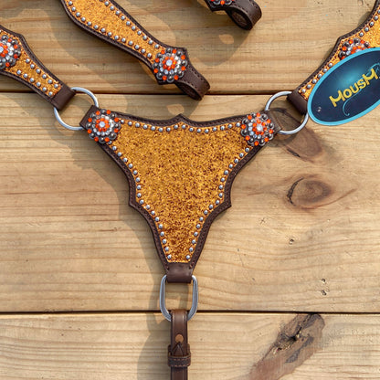 Orange Glitter Alligator Horse Tack Set with Rhinestone Conchos