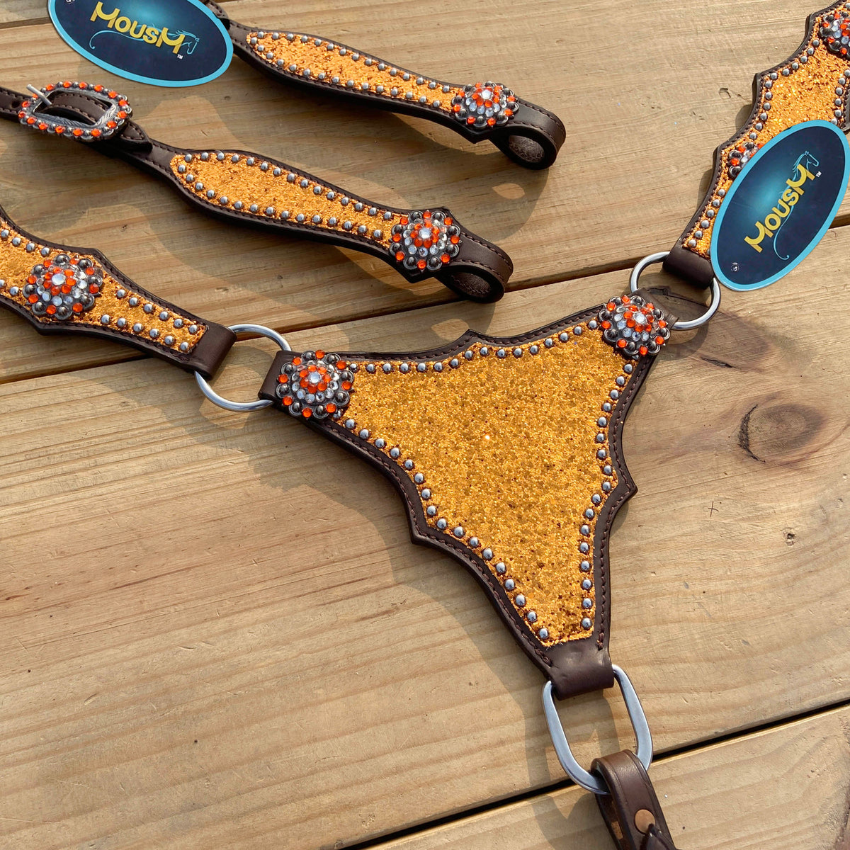 Orange Glitter Alligator Horse Tack Set with Rhinestone Conchos