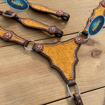Orange Glitter Alligator Horse Tack Set with Rhinestone Conchos