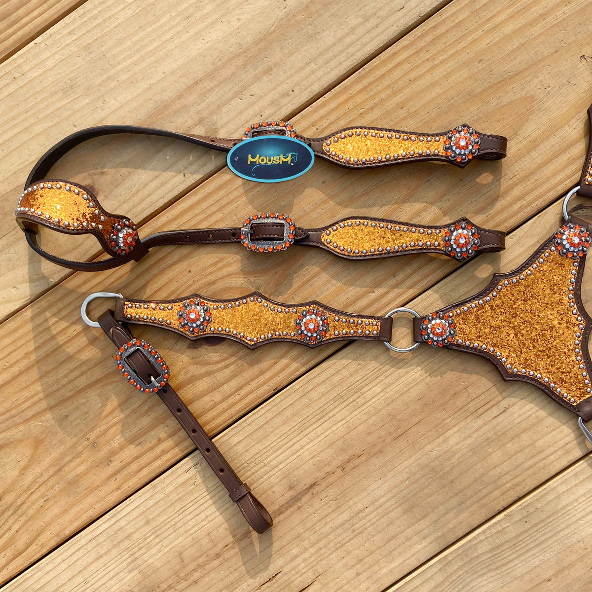 Orange Glitter Alligator Horse Tack Set with Rhinestone Conchos