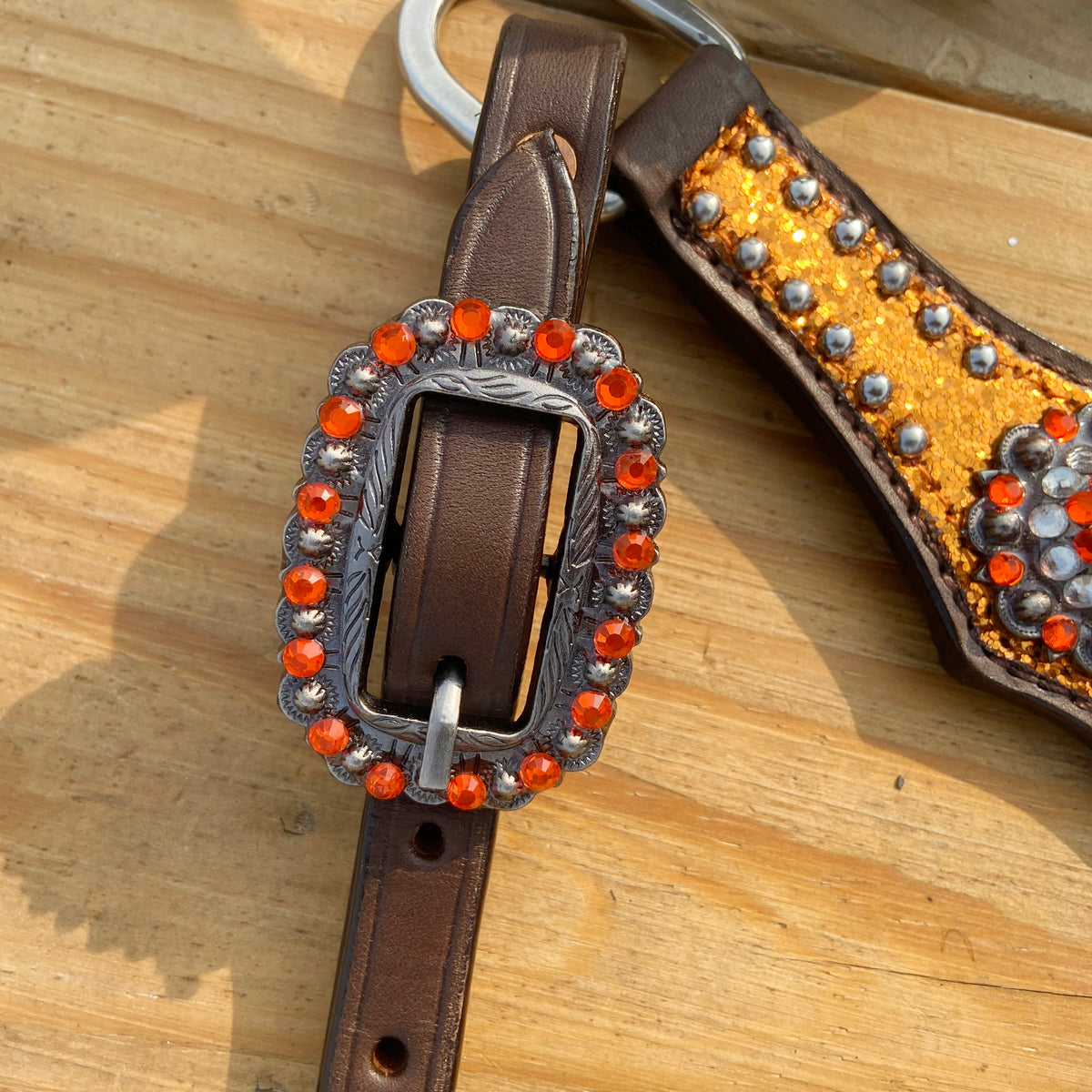 Orange Glitter Alligator Horse Tack Set with Rhinestone Conchos