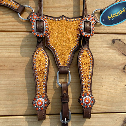 Orange Glitter Alligator Horse Tack Set with Rhinestone Conchos