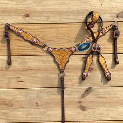 Orange Glitter Alligator Horse Tack Set with Rhinestone Conchos