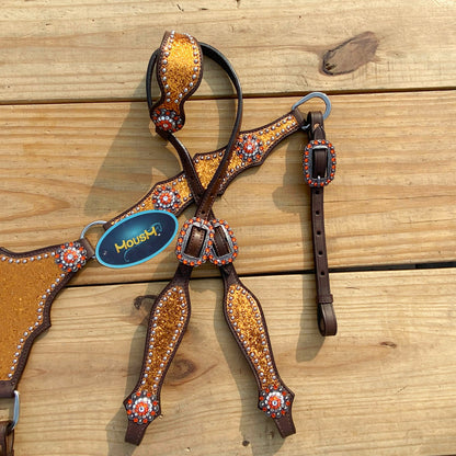 Orange Glitter Alligator Horse Tack Set with Rhinestone Conchos