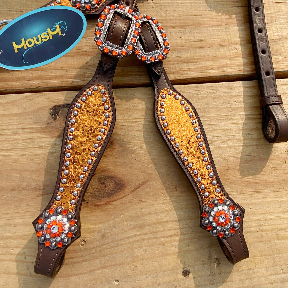 Orange Glitter Alligator Horse Tack Set with Rhinestone Conchos