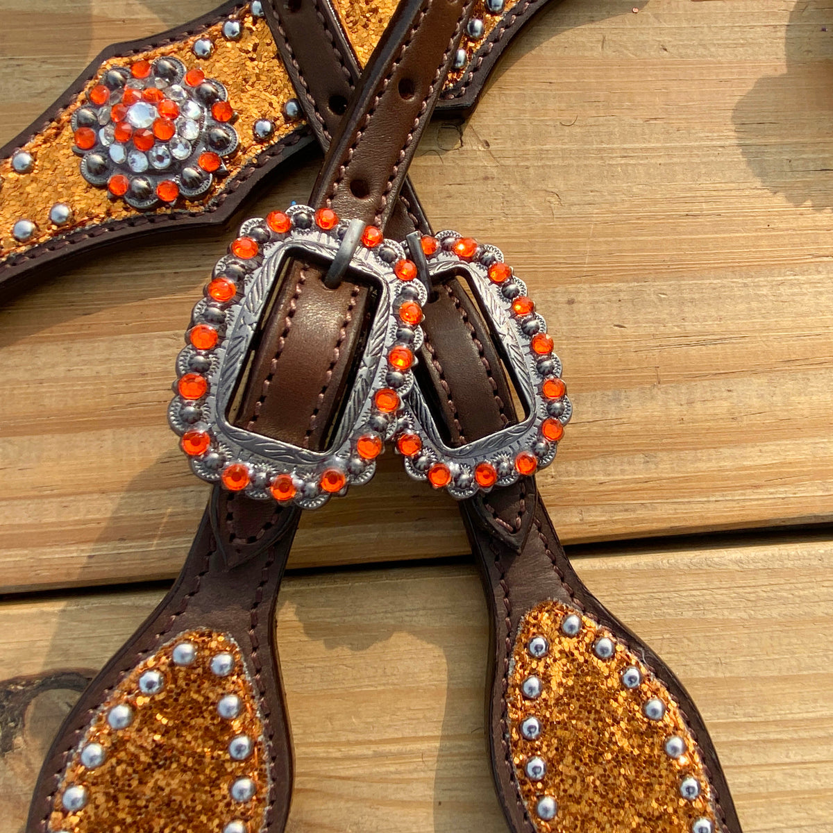 Orange Glitter Alligator Horse Tack Set with Rhinestone Conchos