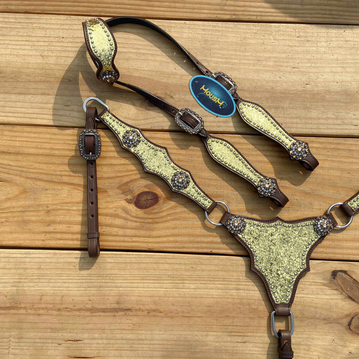 Golden Glitter Alligator Western Tack Set with Rhinestone Conchos