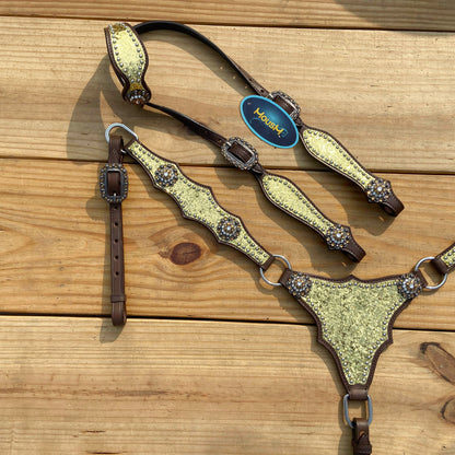 Golden Glitter Alligator Western Tack Set with Rhinestone Conchos