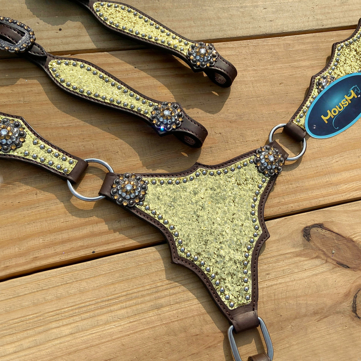 Golden Glitter Alligator Western Tack Set with Rhinestone Conchos
