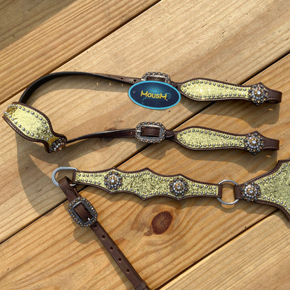 Golden Glitter Alligator Western Tack Set with Rhinestone Conchos