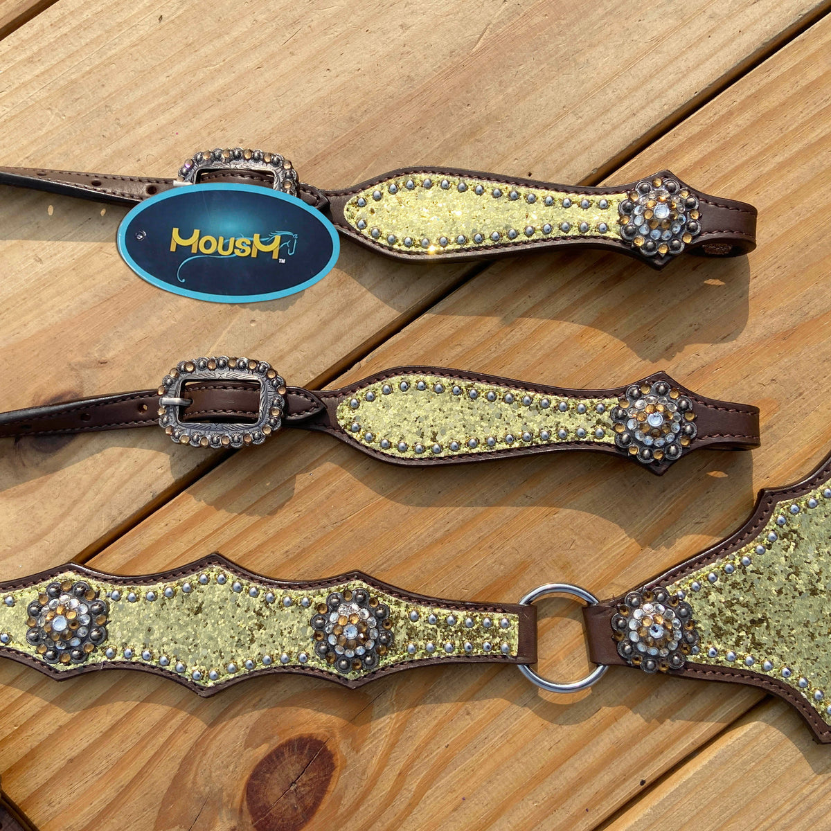 Golden Glitter Alligator Western Tack Set with Rhinestone Conchos