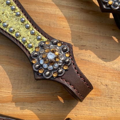 Golden Glitter Alligator Western Tack Set with Rhinestone Conchos