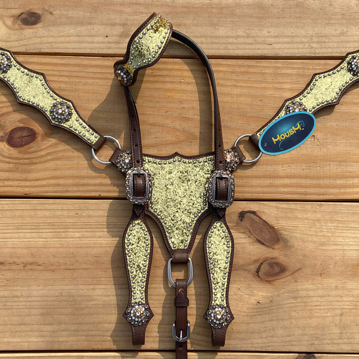 Golden Glitter Alligator Western Tack Set with Rhinestone Conchos