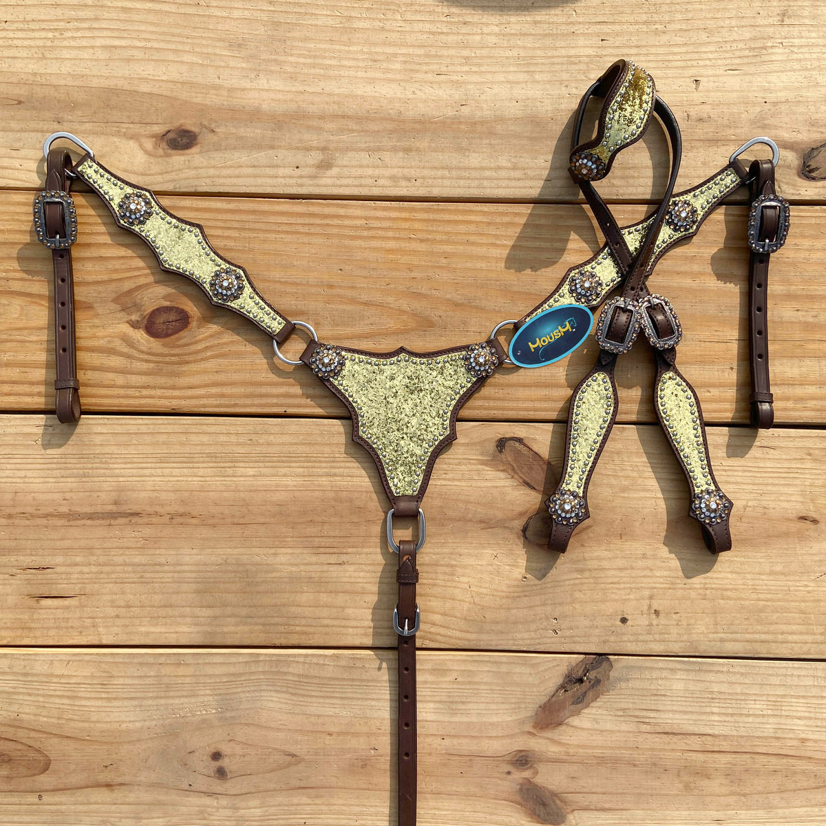 Golden Glitter Alligator Western Tack Set with Rhinestone Conchos