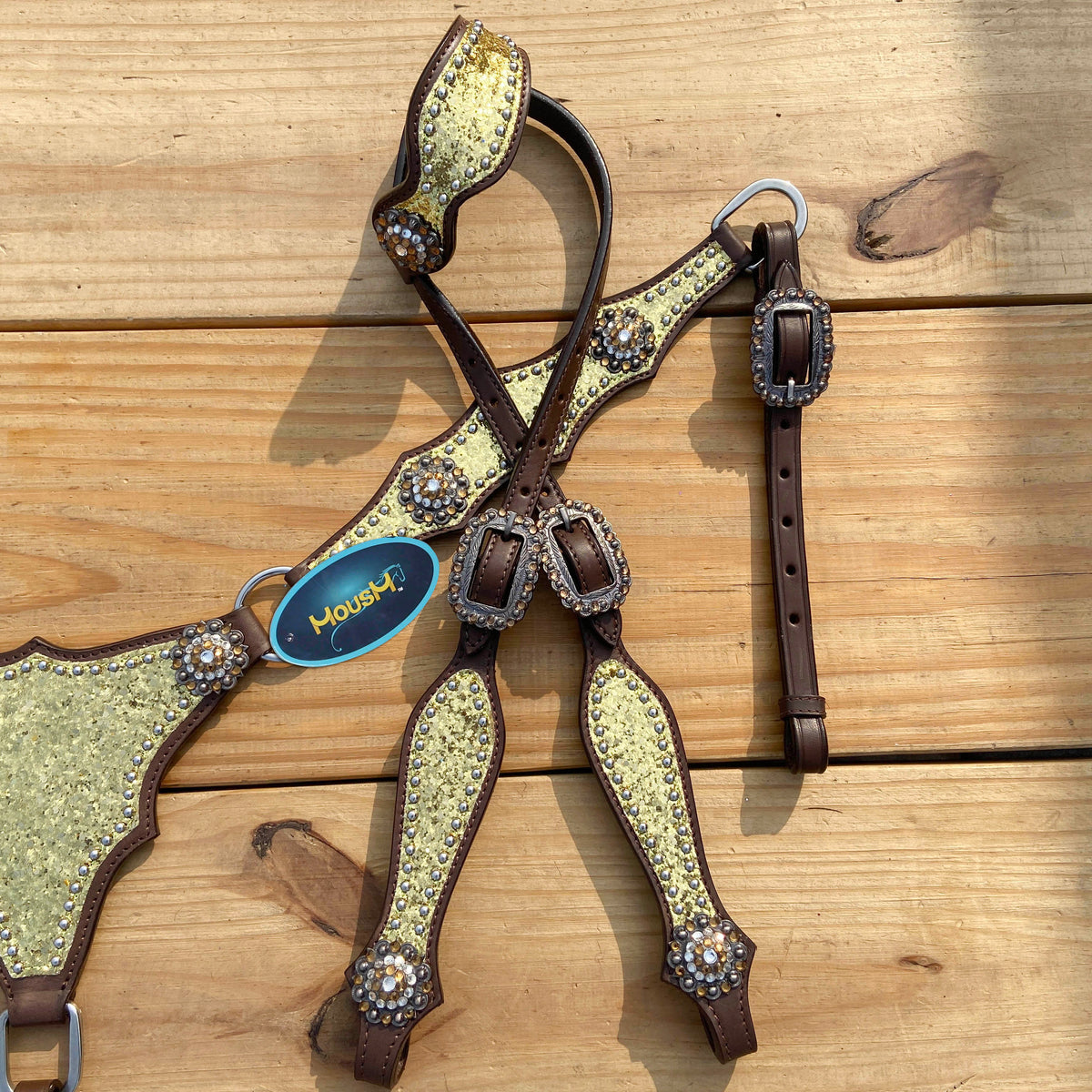 Golden Glitter Alligator Western Tack Set with Rhinestone Conchos