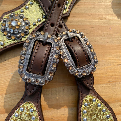 Golden Glitter Alligator Western Tack Set with Rhinestone Conchos