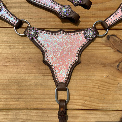 Light Pink Glitter Western Horse Tack Set with Alligator Design and Rhinestone Conchos