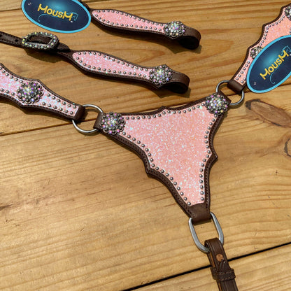Light Pink Glitter Western Horse Tack Set with Alligator Design and Rhinestone Conchos