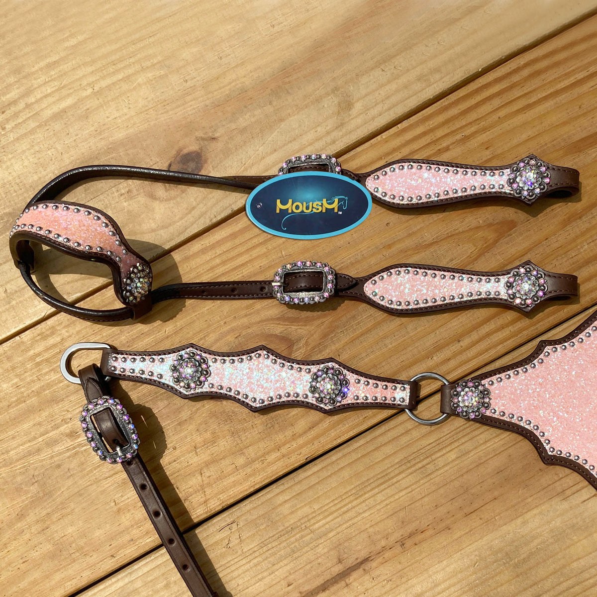 Light Pink Glitter Western Horse Tack Set with Alligator Design and Rhinestone Conchos