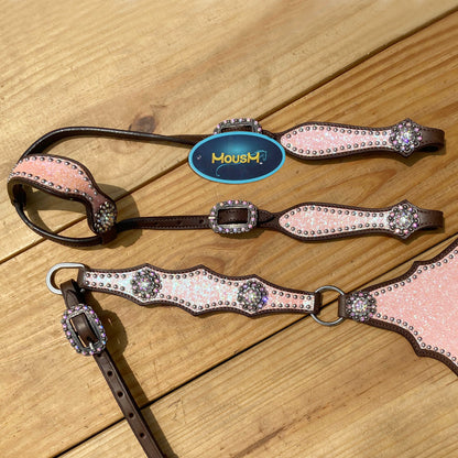 Light Pink Glitter Western Horse Tack Set with Alligator Design and Rhinestone Conchos