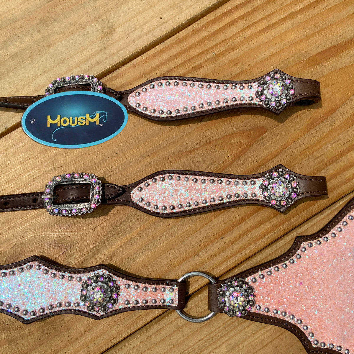 Light Pink Glitter Western Horse Tack Set with Alligator Design and Rhinestone Conchos