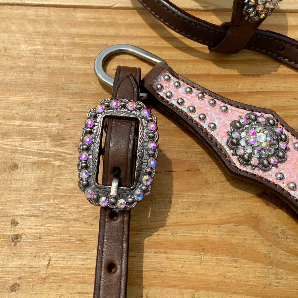 Light Pink Glitter Western Horse Tack Set with Alligator Design and Rhinestone Conchos