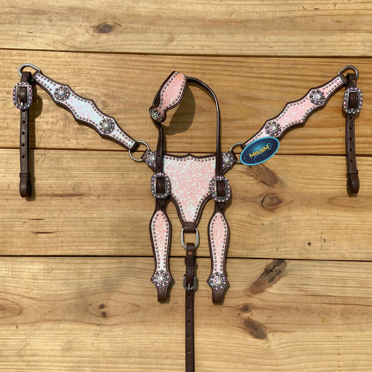 Light Pink Glitter Western Horse Tack Set with Alligator Design and Rhinestone Conchos