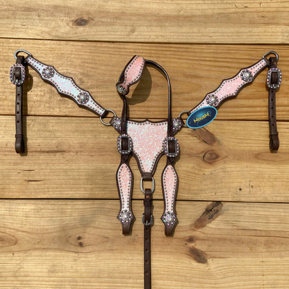 Light Pink Glitter Western Horse Tack Set with Alligator Design and Rhinestone Conchos