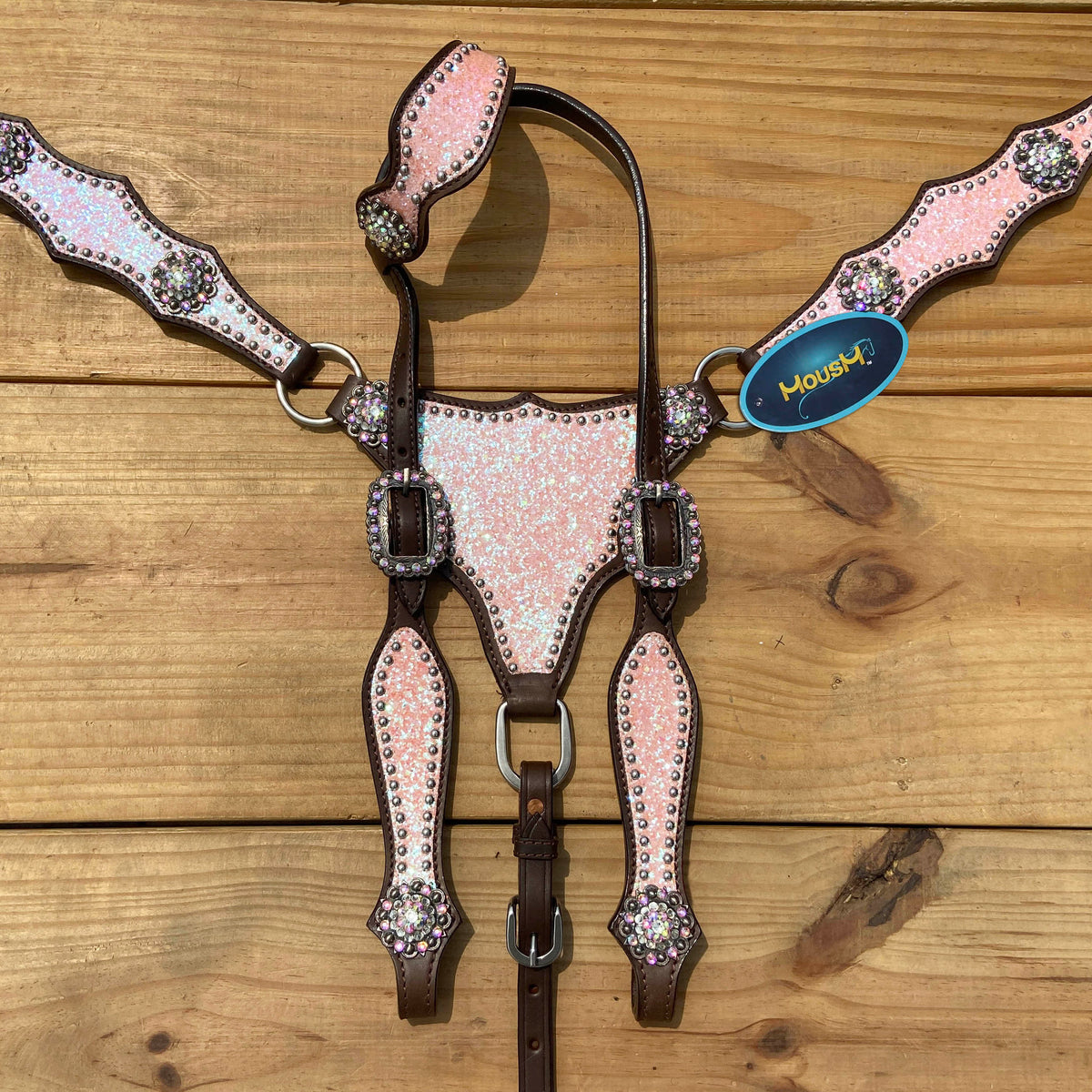 Light Pink Glitter Western Horse Tack Set with Alligator Design and Rhinestone Conchos