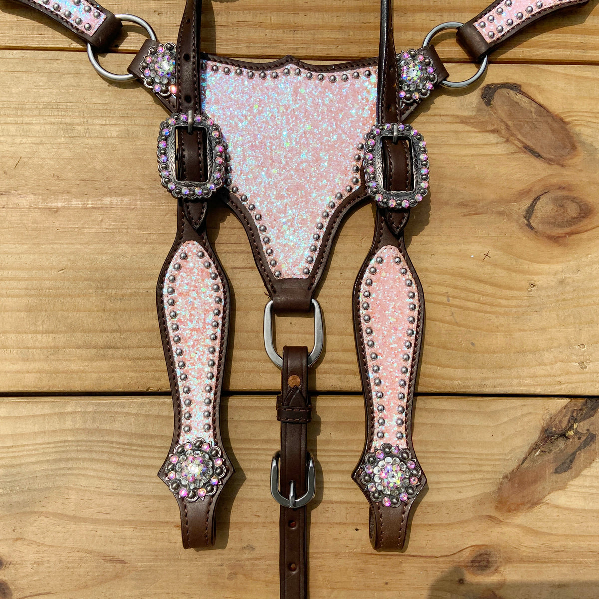 Light Pink Glitter Western Horse Tack Set with Alligator Design and Rhinestone Conchos