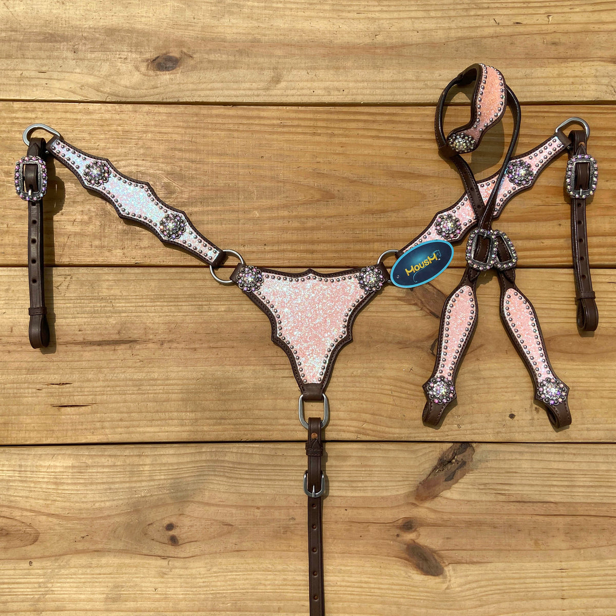 Light Pink Glitter Western Horse Tack Set with Alligator Design and Rhinestone Conchos
