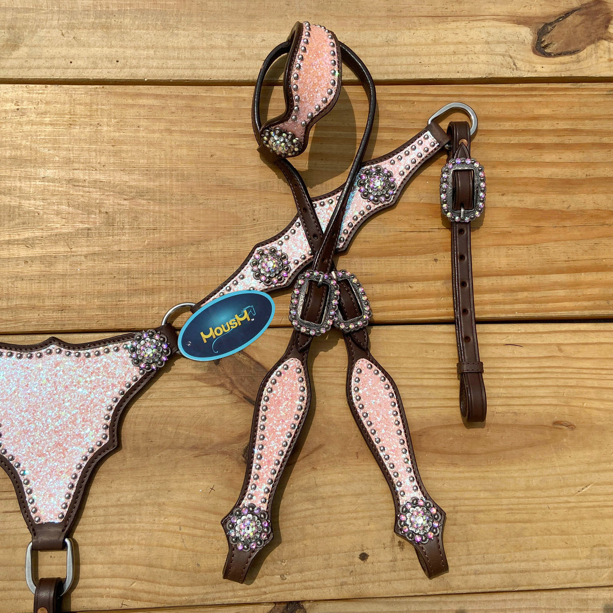 Light Pink Glitter Western Horse Tack Set with Alligator Design and Rhinestone Conchos