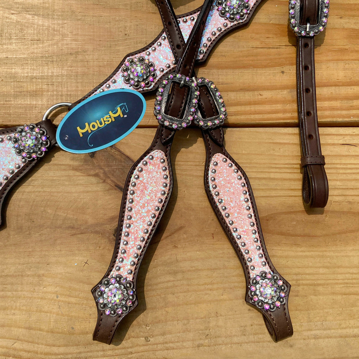 Light Pink Glitter Western Horse Tack Set with Alligator Design and Rhinestone Conchos