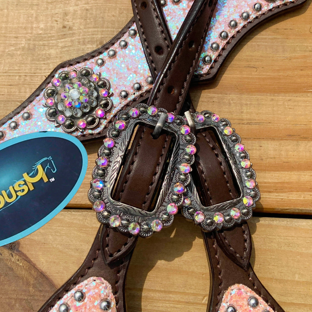 Light Pink Glitter Western Horse Tack Set with Alligator Design and Rhinestone Conchos