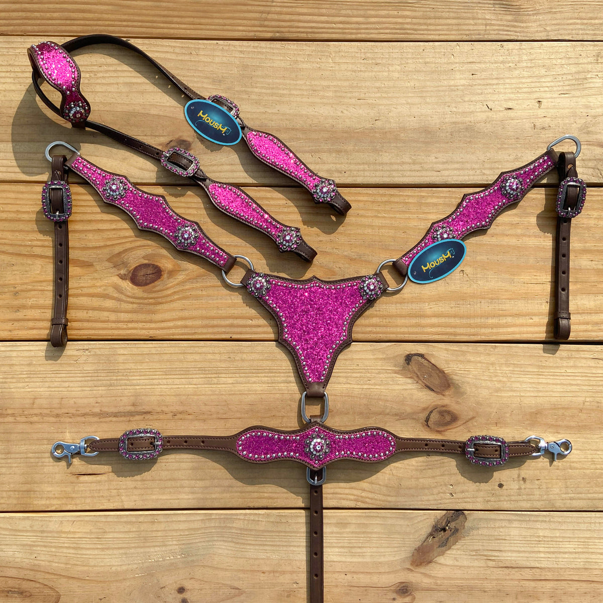 Hot Pink Glitter Western Horse Tack Set with Bling Conchos and Silver Studs