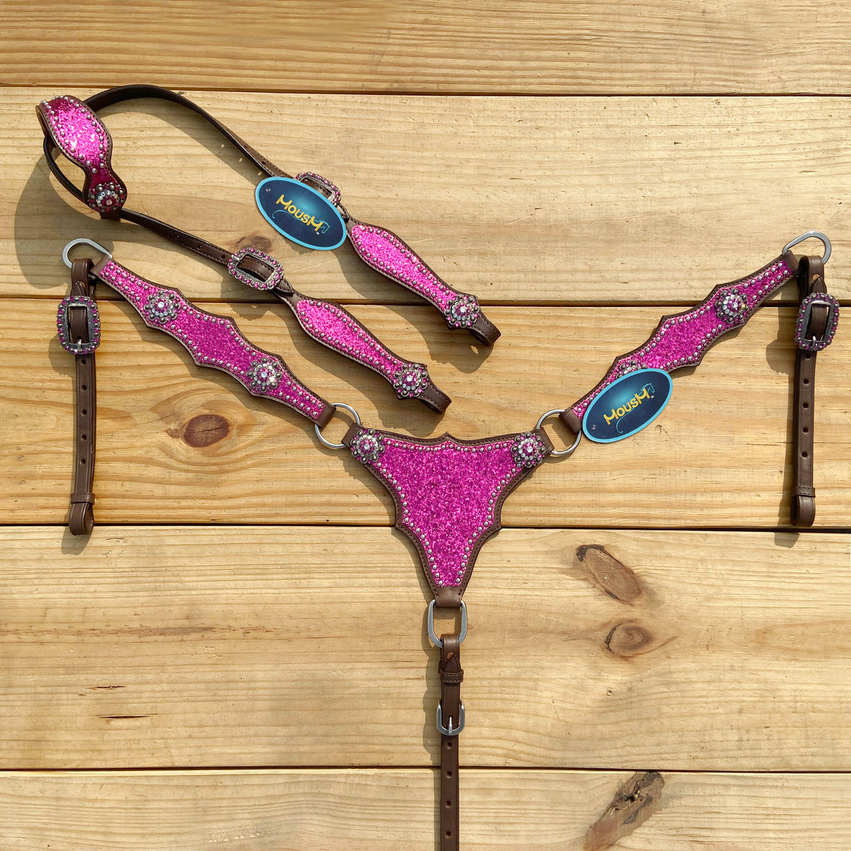 Hot Pink Glitter Western Horse Tack Set with Bling Conchos and Silver Studs